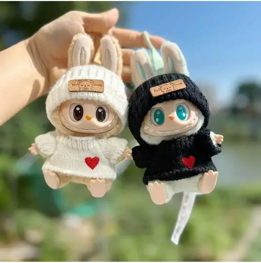 labubu doll clothing, hat with bear tag, love sweater set, cute decoration, small clothes